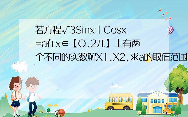 若方程√3Sinx十Cosx=a在x∈【O,2兀】上有两个不同的实数解X1,X2,求a的取值范围,并求此时X1十X2的值